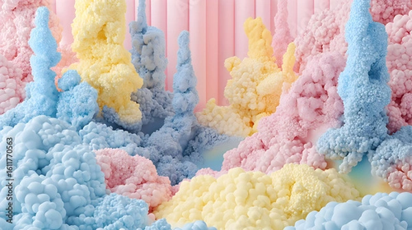 Fototapeta Abstract landscape of pastel colored, textured, bubbly forms.  A mix of light blue, yellow, and pink, with soft, cloud-like shapes
