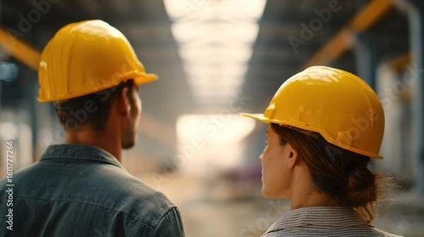 Obraz Construction Workers in Hard Hats Observing Worksite Progress