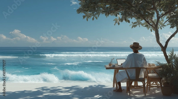 Obraz Person working on laptop by the ocean with tropical view
