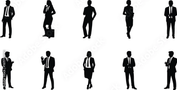 Fototapeta Diverse silhouettes of business professionals in various poses on a white background