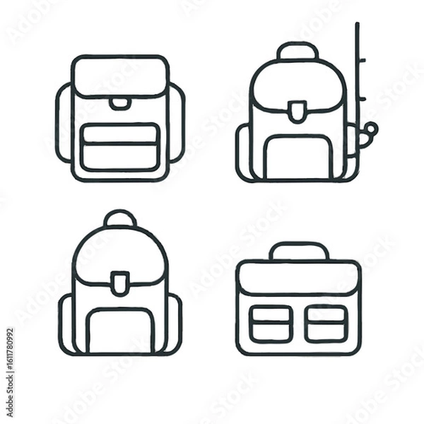 Fototapeta  Fishing backpacks and tackle boxes icon set in black outline style