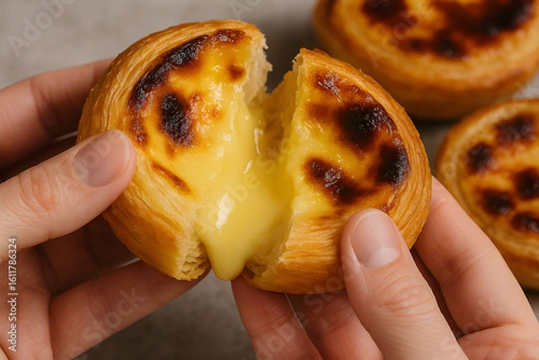 Obraz 手で割られるカスタードタルトのクローズアップ｜とろける黄色のカスタードと焦げ目が美しい黄金色のサクサク生地が魅力のデザート断面写真