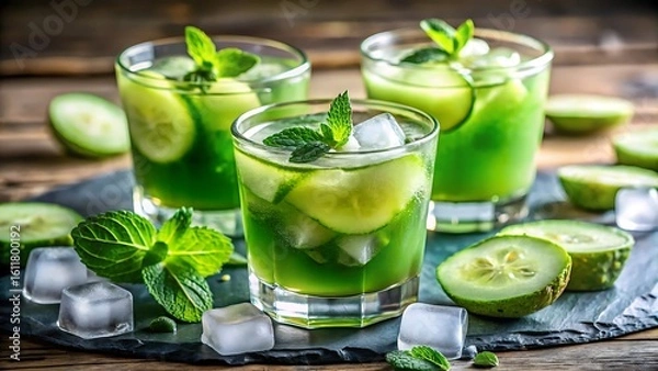 Fototapeta Three glasses of refreshing cucumber and mint infused water