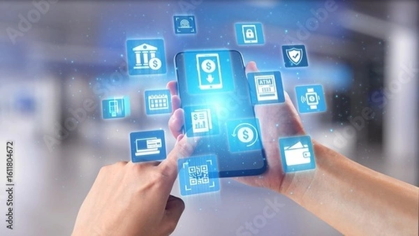 Fototapeta Online banking and digital banking innovation combining finance and technology, optimizing online banking systems, mobile banking services, and fintech for seamless experience. Spire