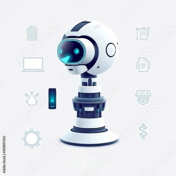 Obraz 3D illustration of a cute futuristic robot with a modern design and advanced technology. The robot is surrounded by digital icons such as documents, connectivity,