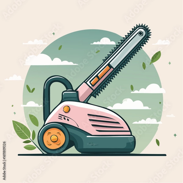 Fototapeta Stylized cartoon chainsaw with a pink body teal base and sharp serrated blade.