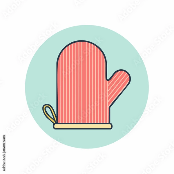 Fototapeta Red striped kitchen oven mitt icon with a yellow cuff and hanging loop.