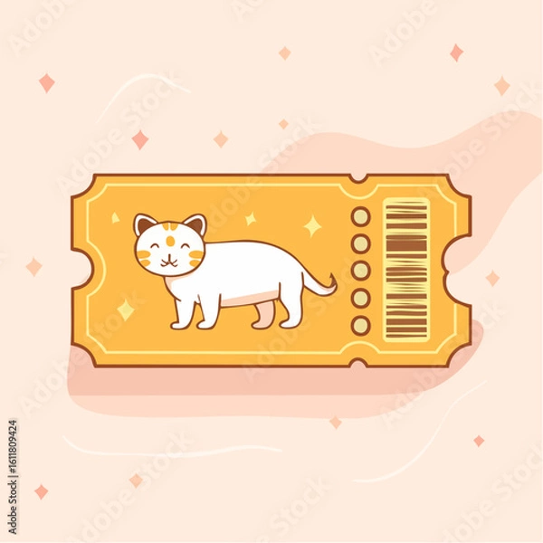 Fototapeta Illustrated golden event ticket featuring a cute smiling kawaii cat and a barcode.