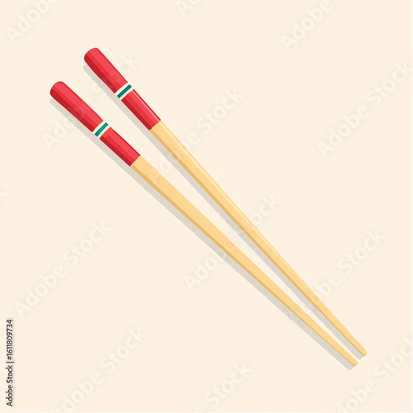 Fototapeta A pair of traditional wooden chopsticks with red painted handles and a teal stripe design.