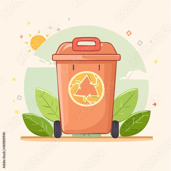 Fototapeta Eco-friendly orange wheeled recycling bin with a lid and a stylized leafy recycle logo.