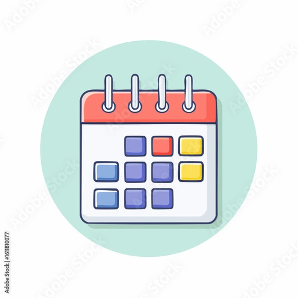 Fototapeta Colorful cartoon desk calendar with red spiral binding and colored date squares Flat vector style icon.