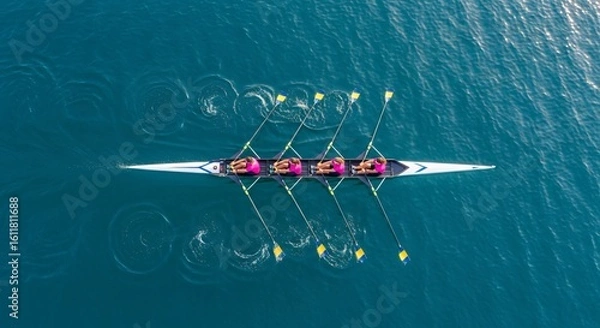 Fototapeta Team of four rowers in sync powering a racing shell through calm blue water, an aerial view of synchronized athletic effort.
