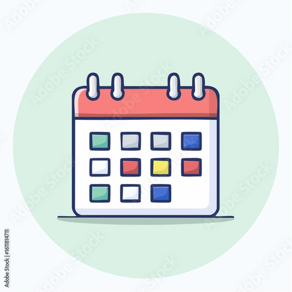 Fototapeta Cartoon desk calendar with red binder colorful squares and dark blue outlines Flat vector illustration.