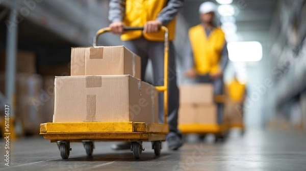 Fototapeta Warehouse Workers Transporting Boxes with Hand Trolley in Storage