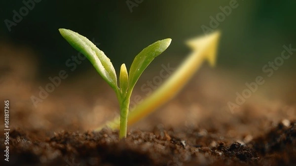 Fototapeta Green Seedling Emerging from Soil with Arrow Symbolizing Growth