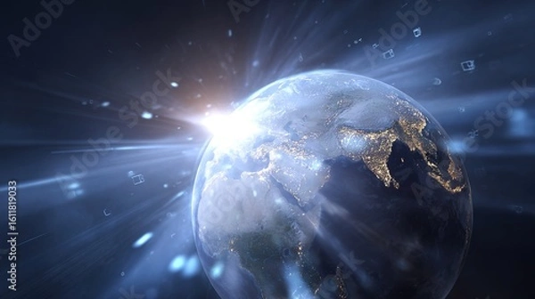 Fototapeta Earth in Space with Light Rays and Digital Connections Effect