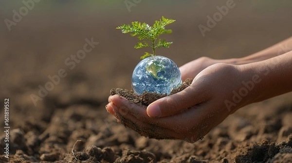 Fototapeta Hands Holding Earth Globe With Seedling in Soil for Sustainability