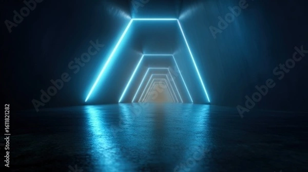 Fototapeta Futuristic Neon Tunnel with Reflections and Dim Lighting Effects