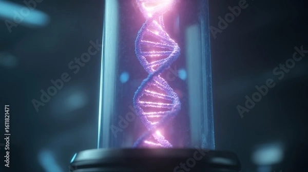 Fototapeta Futuristic DNA Helix in Glass Container with Neon Glow Effect