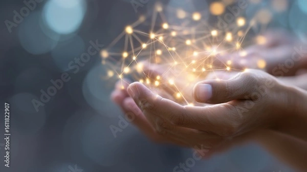 Fototapeta Hands Holding Light Connections with Abstract Bokeh Background