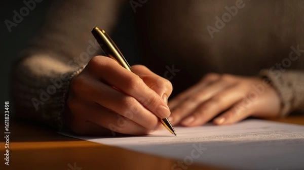 Fototapeta Person Writing on Paper with Golden Pen in Warm Light Setting