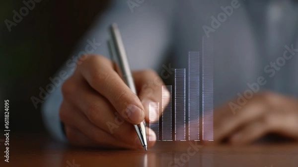 Fototapeta Hand Holding Pen Writing on Table with Digital Data Visualization