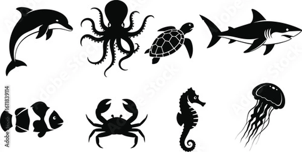 Fototapeta Sea animals vector silhouettes collection of marine wildlife ocean creatures art
