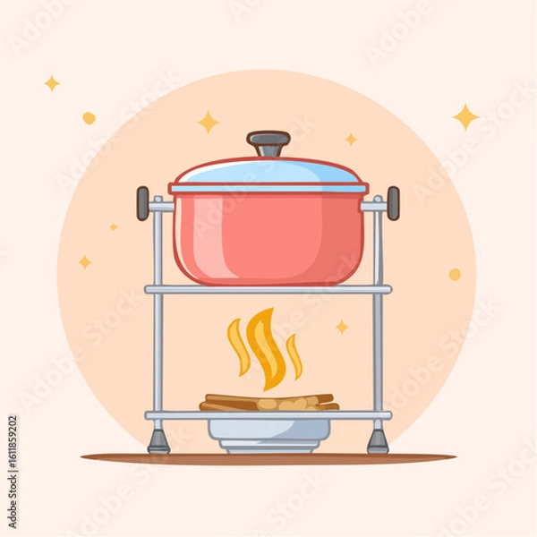 Fototapeta A cute cartoon red cooking pot with a blue lid on a portable metal stand gently heated by a small wood fire.