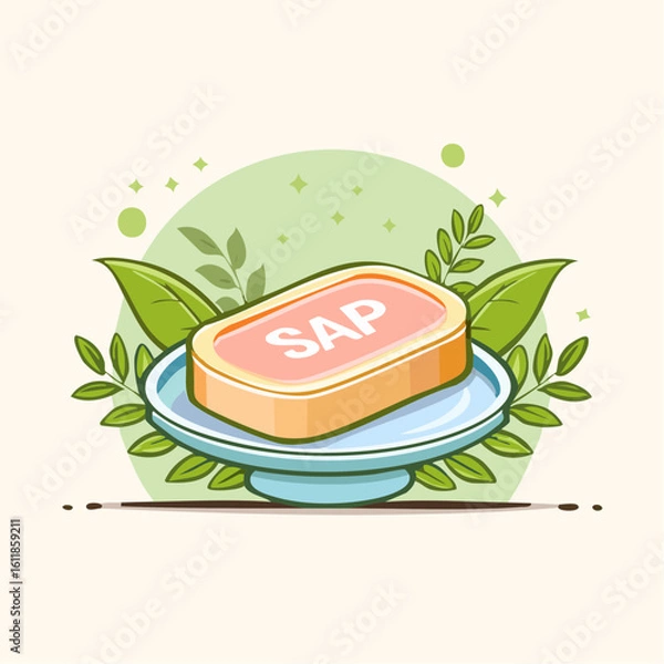 Fototapeta Cartoon illustration of an orange soap bar with SAP text on a blue dish with green leaves.