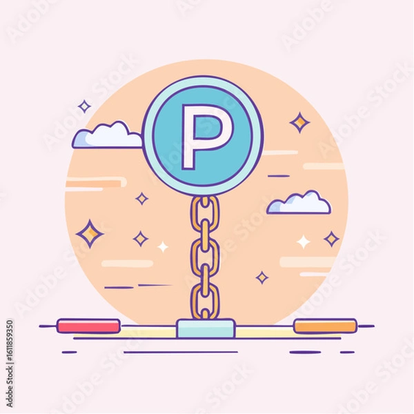 Fototapeta Blue Circular Parking Sign with Letter P on a Golden Chain and Balance Bar.