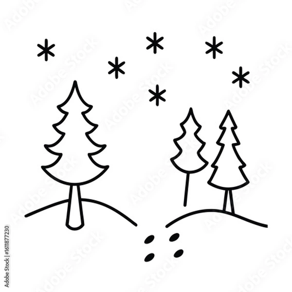 Fototapeta Snowy forest path with reindeer tracks in a serene winter landscape line art vector illustration