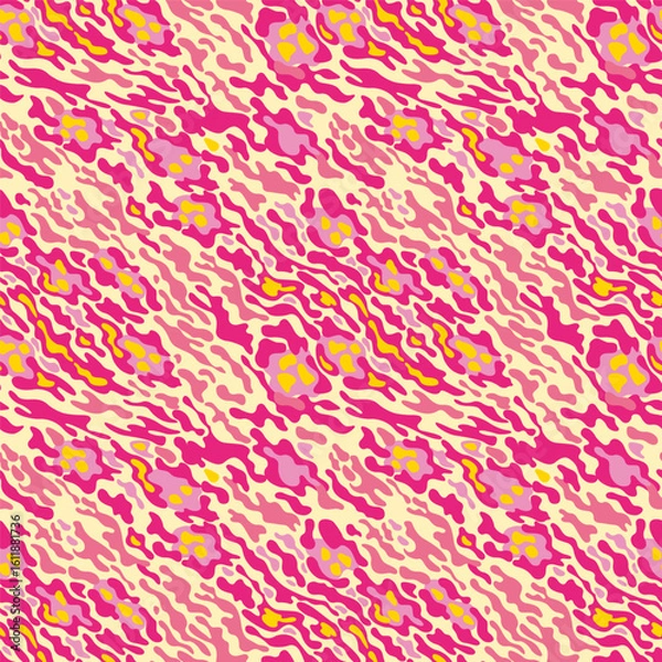 Fototapeta Seamless pattern of fantastic animal, camouflage pattern. Bright stripes and spots of red and pink, yellow dots in a random order on a yellow background