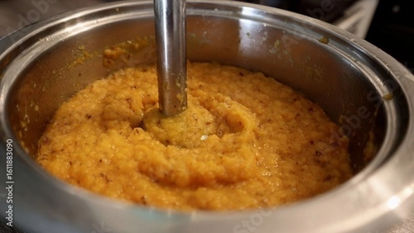 Fototapeta Close-up view of a stainless steel pot filled with freshly blended orange lentil soup or vegetable puree. A hand blender is immersed in the mixture, creating a smooth texture. Homemade cooking process