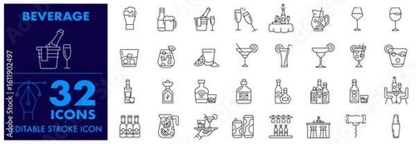 Fototapeta Beverage Icon Set.  Wine, Beer, Bar, Whiskey, Martini, Champagne, Sangria, Vodka, tequila, Liquor, Cocktail and Editable Stroke Icon