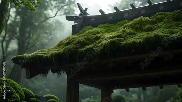Fototapeta Moss-covered roof of a traditional wooden structure in a misty forest garden.  The roof is a vibrant green with lush moss