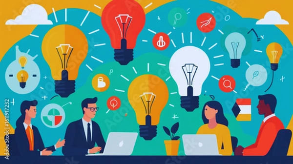 Fototapeta Colorful Flat Vector Animation of a Diverse Team Brainstorming with Lightbulb Icons – Creative Collaboration, Innovation, and Teamwork Concept.