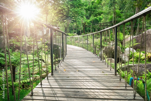 Fototapeta Low view over surface of wooden curved bridge hanging by rope inside green garden with sunlight in afternoon.