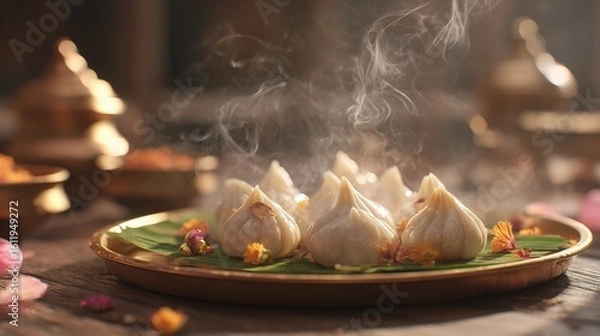Fototapeta Steaming hot modaks served on banana leaf for Ganesh Chaturthi celebration