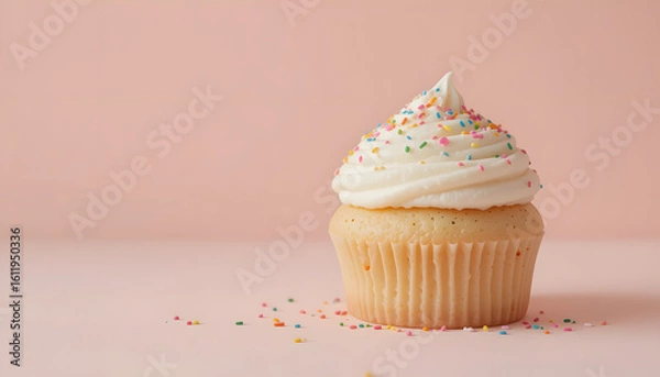 Fototapeta Classic Vanilla Cupcake with White Frosting and Rainbow Sprinkles on Pastel Pink Background
