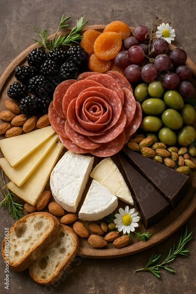 Obraz サラミのバラを中心に彩り豊かに盛り付けられたシャルキュトリーボード｜チーズ、果物、ナッツ、パン、ハーブが並ぶ高級感あふれる美食スタイリング