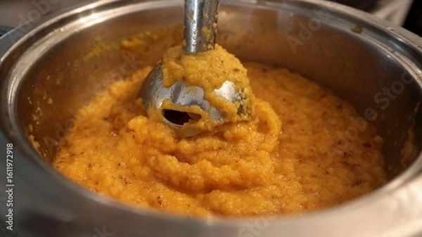 Fototapeta Freshly cooked vegetable puree is being blended with an immersion hand blender. The thick texture and vibrant color highlight a cozy home-cooking atmosphere.