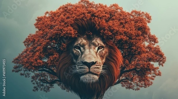 Fototapeta a tree with lion head, surreal, hyperrealistic, similar colours of tree