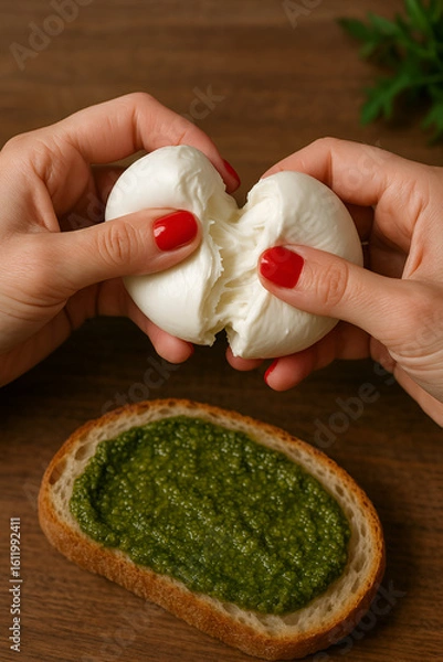 Obraz モッツァレラチーズを手で裂く瞬間の美味しそうなクローズアップ｜赤いネイルの手元とペストを塗ったパンが映える、木製背景のナチュラルな食卓シーン