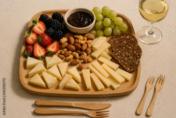 Fototapeta 木製プレートに彩りよく盛られたチーズと果物の盛り合わせ｜ベリー・ナッツ・グレープ・パン・白ワインが並ぶ上品な前菜スタイルのテーブルコーディネート
