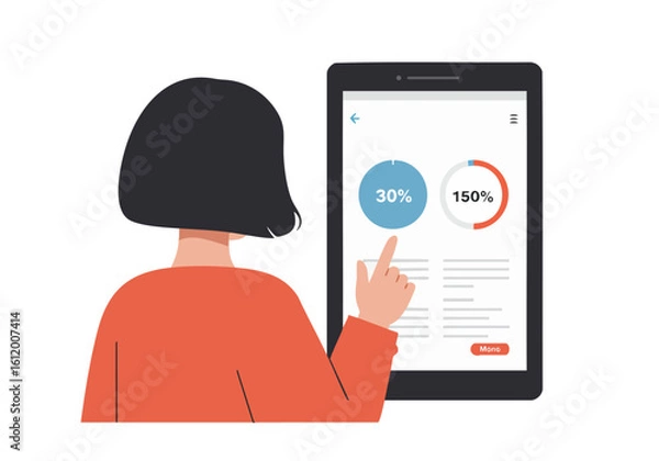 Fototapeta A woman uses a tablet to track nutrition, displaying a calorie intake graph. Modern, clean design with a focus on health and wellness. Soft color palette.