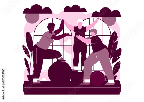 Fototapeta A vector illustration of a gym with three overweight individuals exercising in front of large windows. This design highlights themes of weight loss, fitness, and body transformation, perfect for healt