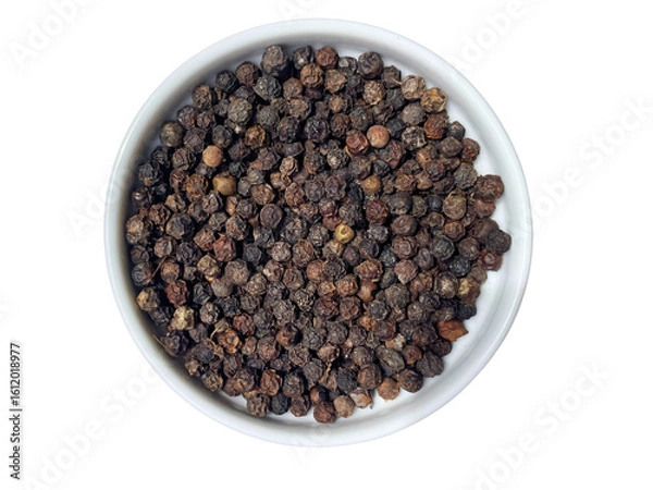 Fototapeta Black Peppercorns in White Bowl - Top View Dry Spice Isolated on Transparent Background Stock Photo

