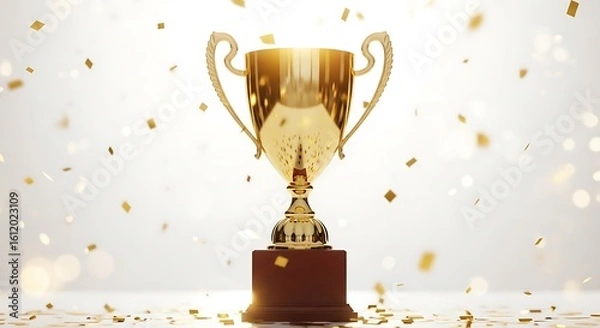 Fototapeta Golden trophy with confetti celebration of success and achievement business prize concept isolated on white background with bokeh effect