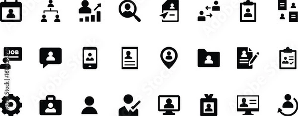 Fototapeta Human resource business icons set, black solid pictograms of user profile, resume, recruitment, id card, team, analysis