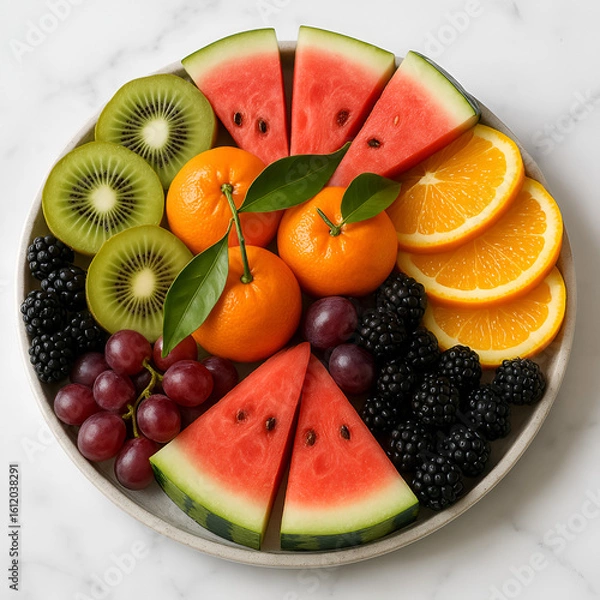 Obraz 白い大理石の上に盛り付けられた丸いフルーツプレート｜スイカ・キウイ・みかん・オレンジ・ぶどう・ブラックベリーが彩るフレッシュで美しい果物の盛り合わせ